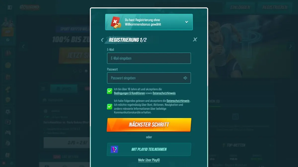 Golisimo registration form and account controls