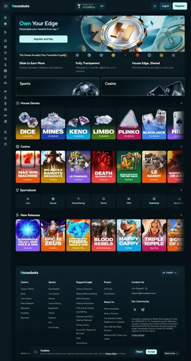 Housebets casino lobby and game navigation