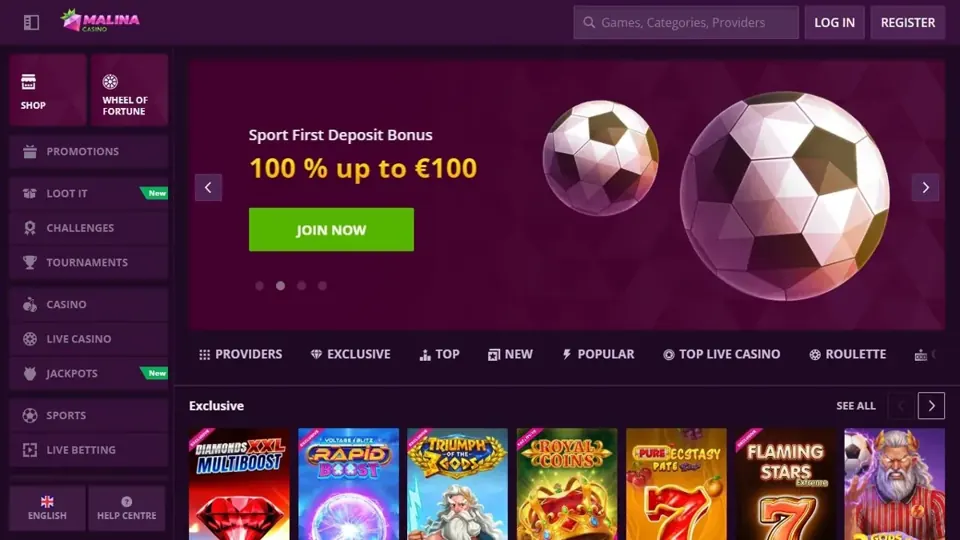 Malina Casino casino lobby and game navigation