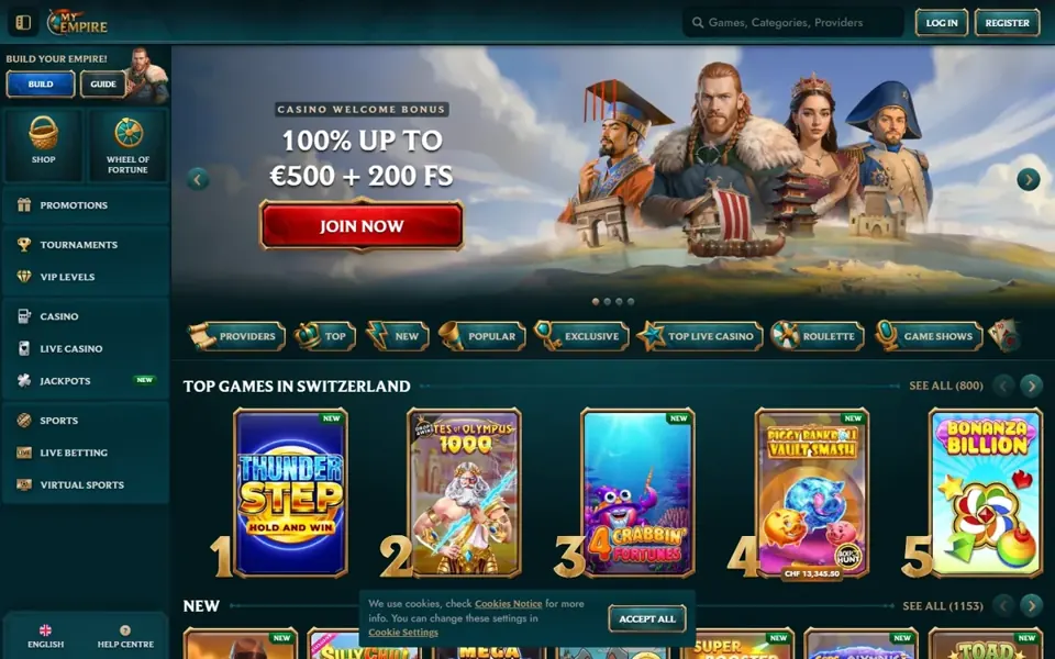 MyEmpire casino lobby and game navigation