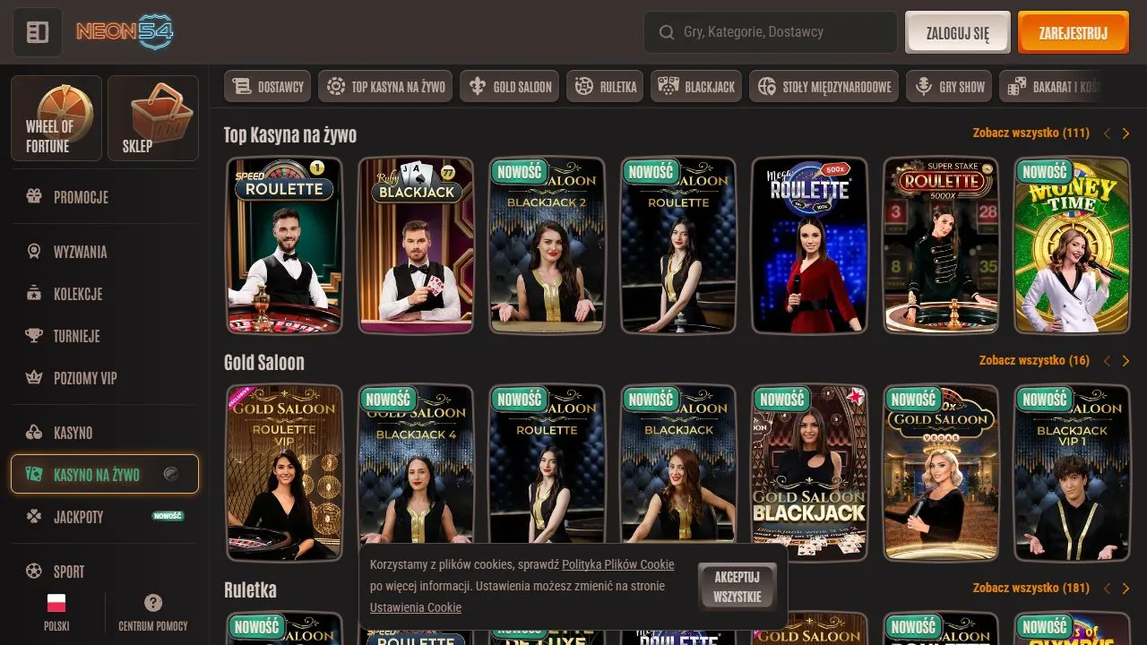 Neon54 live casino tables and game-show selection