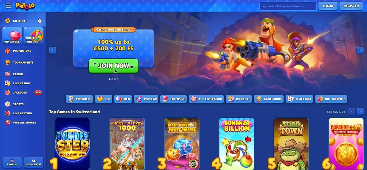 Pistolo casino homepage and featured games