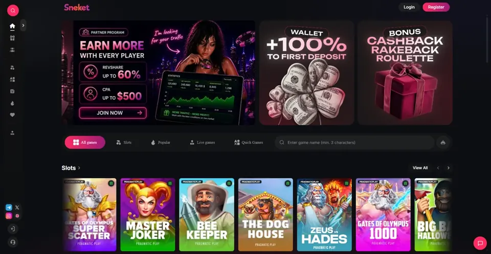 Sneket Casino casino lobby and game navigation
