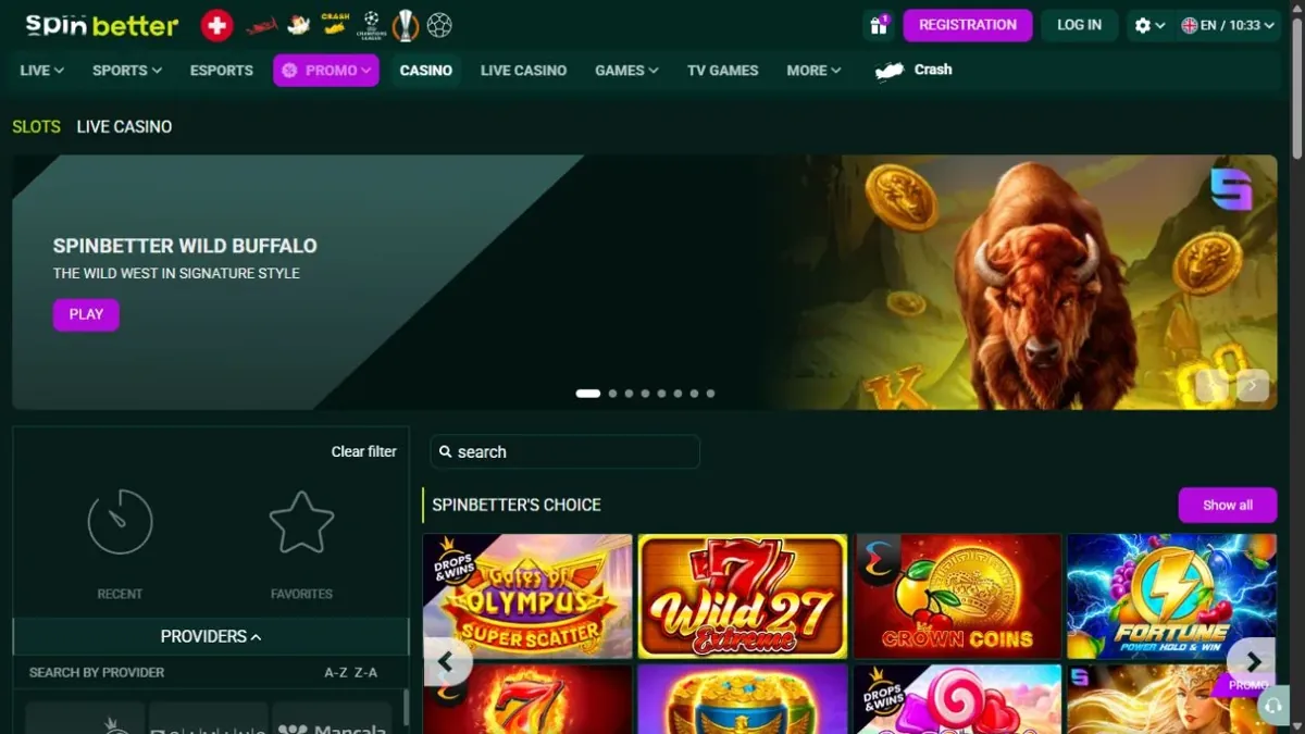 Spinbetter casino homepage and game navigation