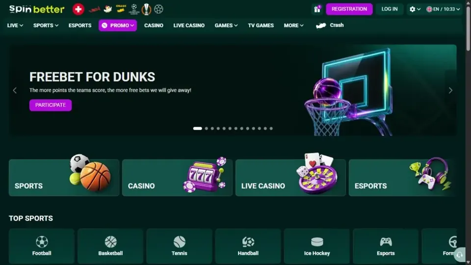Spinbetter casino lobby and game navigation