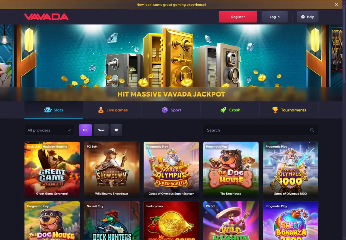 Vavada casino lobby and featured slot games