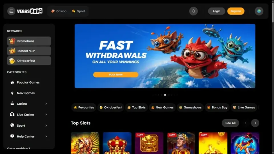 VegasNova casino homepage overview