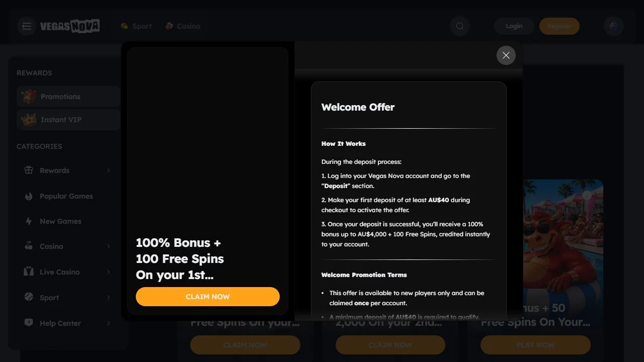 VegasNova · Welcome card · AU$40 · English · Australia